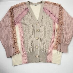 STELLA McCARTNEY Lace Docking Knit Cardigan Size 42 Pink‎ Beige Women Sweater